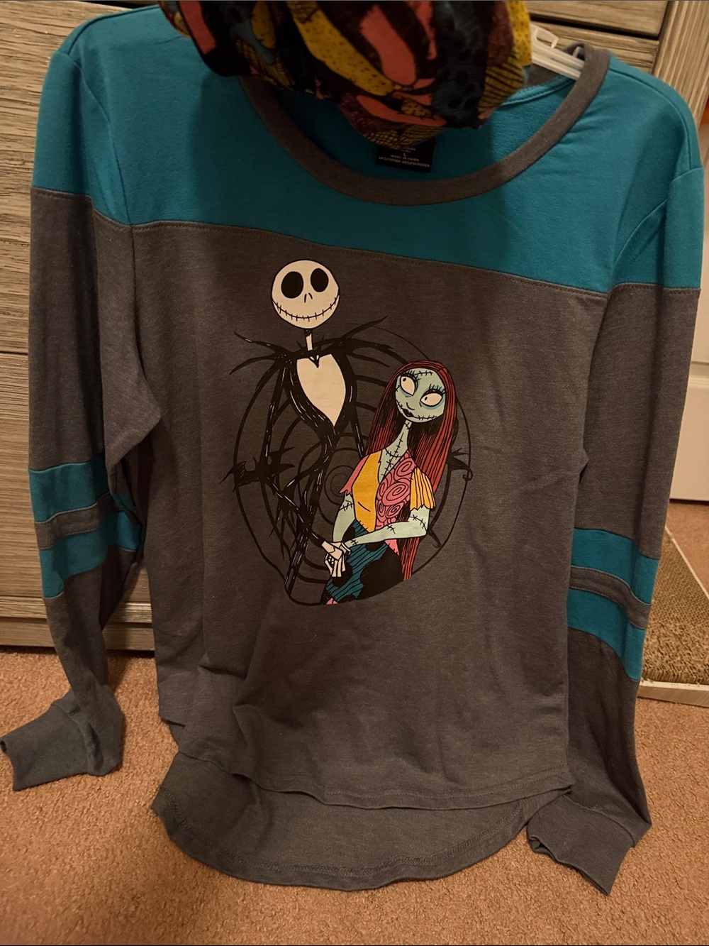 The Nightmare Before Christmas Long Sleeve Graphic Tee - Teal & Gray